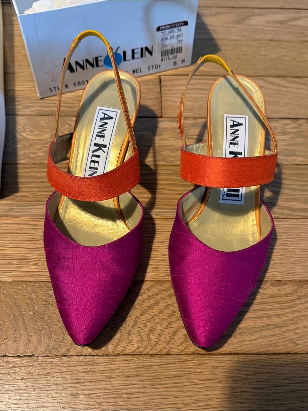 Vintage Anne Klein Magenta and Orange Satin Slingback Pumps